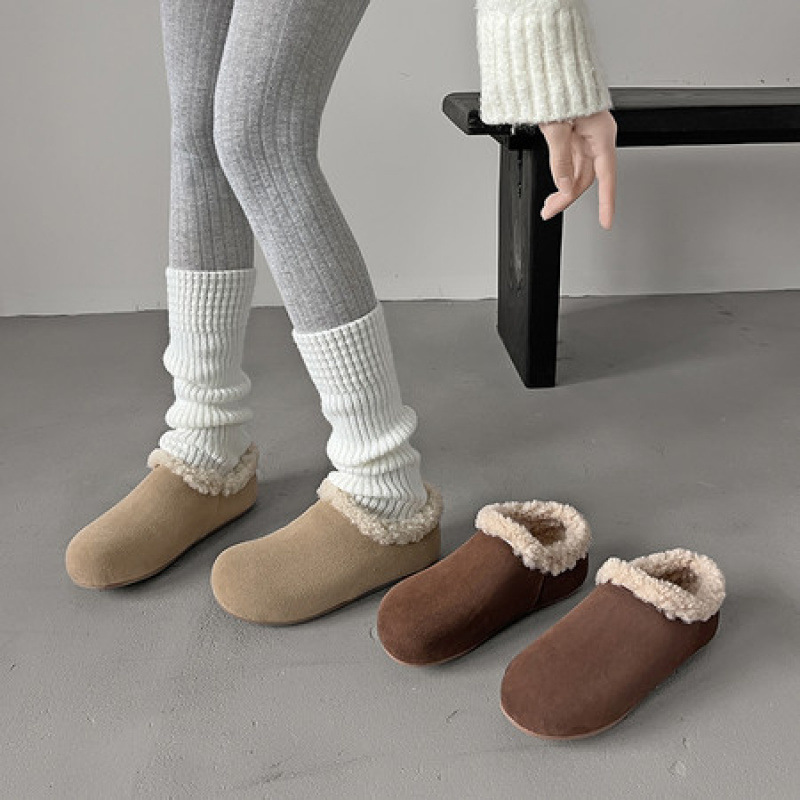 Cowhide! Women's Fuzzy Slippers for Outdoor Wear, Lazy Style, Round-Toe, Lamb Wool, Plush, Warm, Closed-Toe, Thick-Soled Cotton Slippers