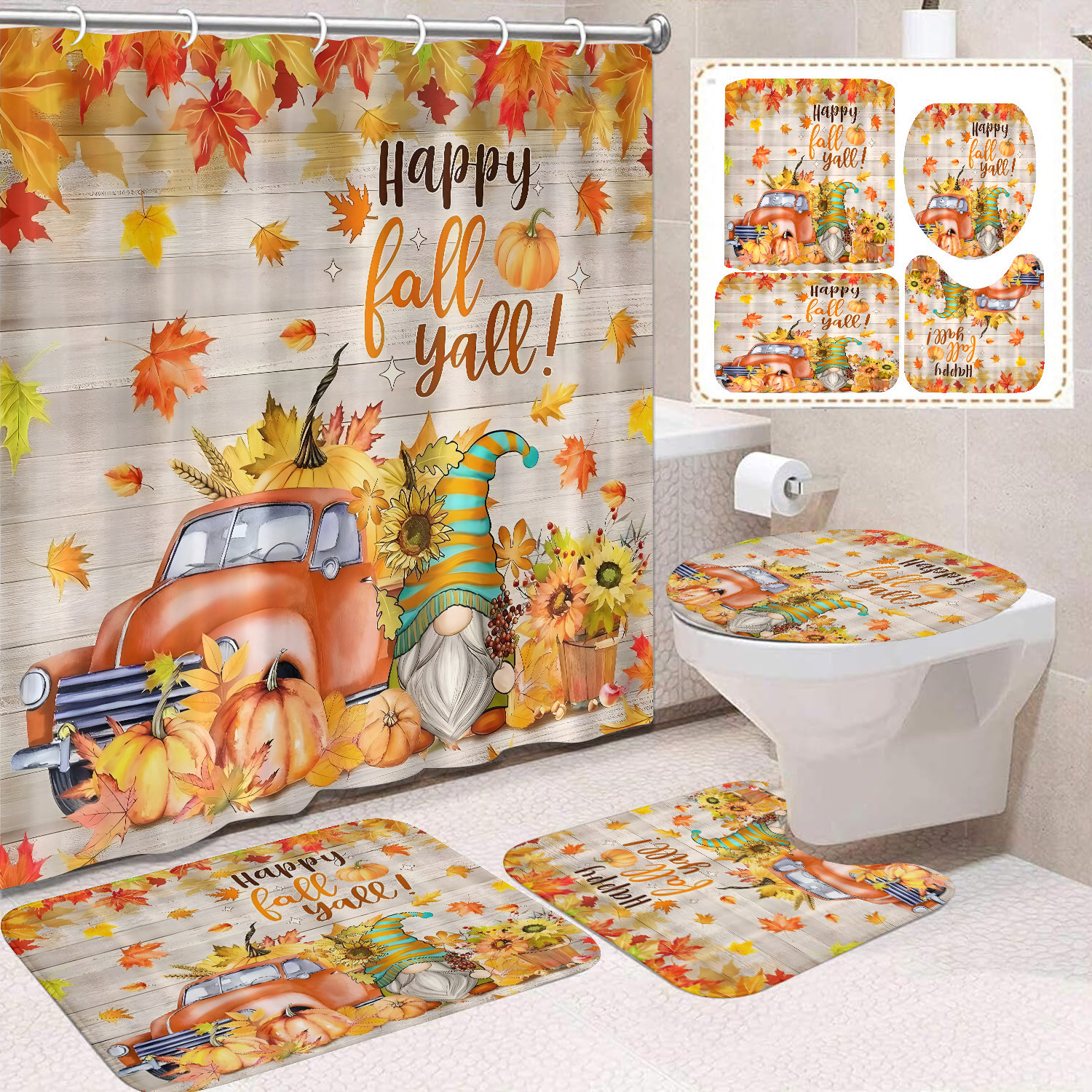 Cortina de ducha de Acción de Gracias, cosecha de otoño, serie de calabaza, cortina de ducha, cortina de baño, cortina de baño impermeable de poliéster, cortina de baño de cuatro piezas image 13