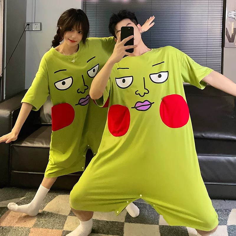 Цельная пижама Little Dimple для пар, летняя тонкая ночная рубашка из чистого хлопка с короткими рукавами для женщин, духовная энергия, 100% домашняя одежда для мужчин