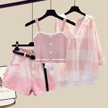 夏季套装女2025年新款雪纺防晒衬衫配吊带牛仔短裤休闲穿搭一整套