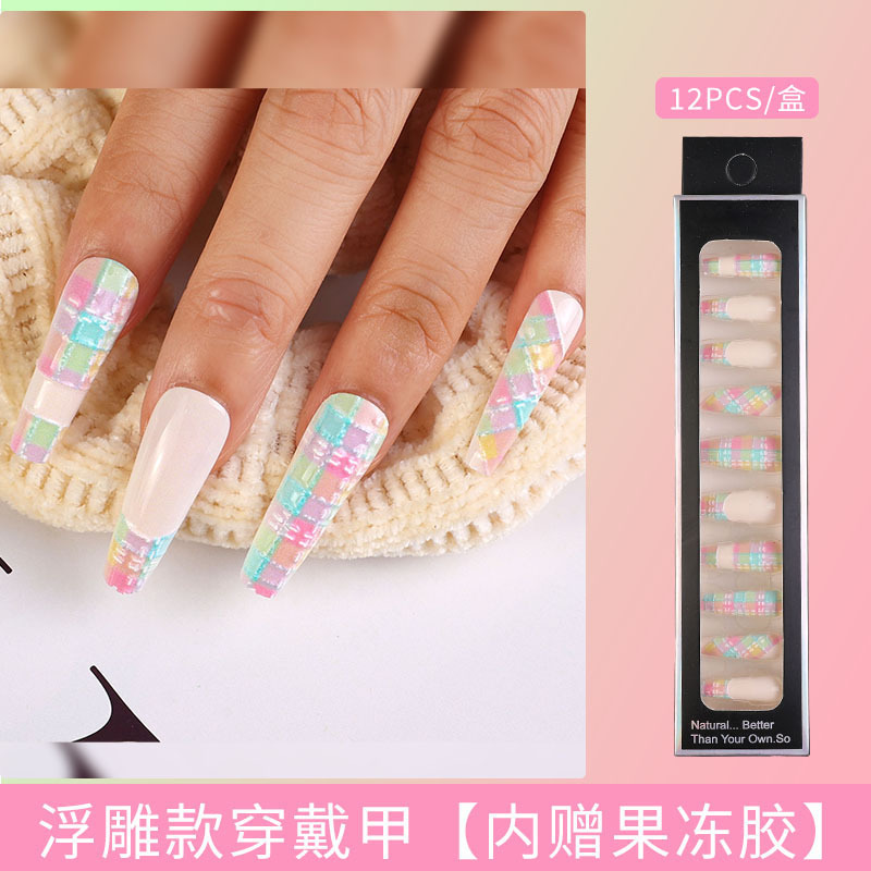 Uñas largas desmontables parches de uñas falsas comercio exterior productos terminados de manicure de novia en relieve parches de uñas