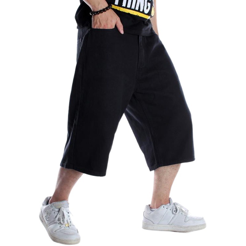 Verano europeo y americano hip hop Denim shorts hombres de moda suelta pantalones recortados más tamaño gordo puro negro medio Pantalones