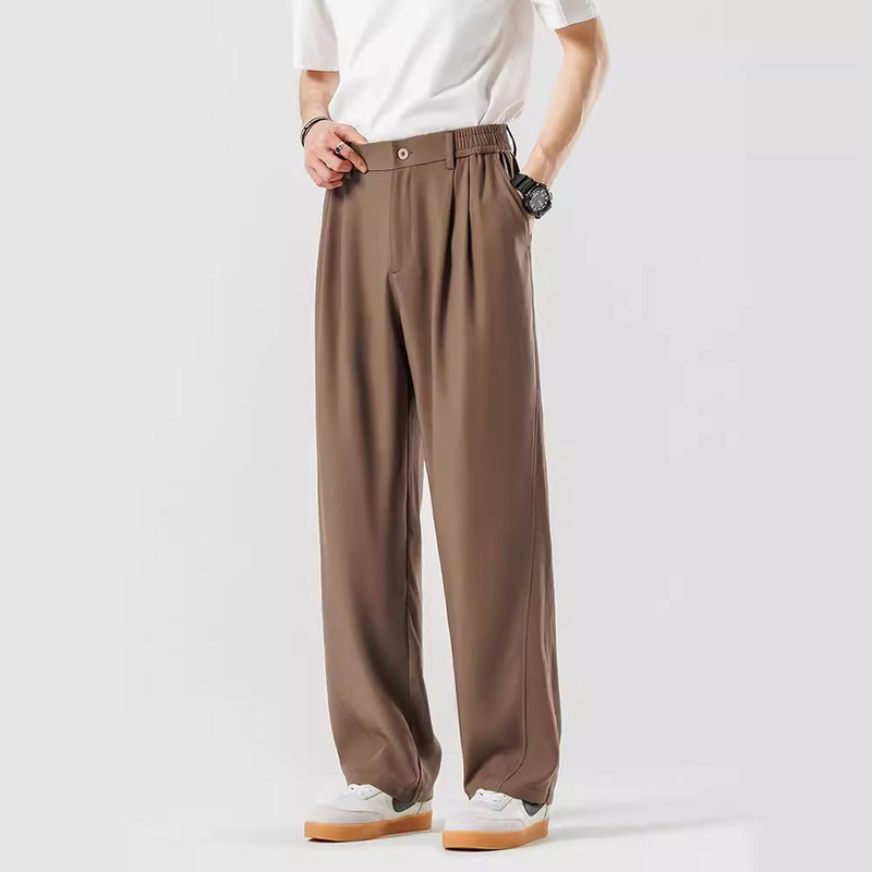 Draped Casual Suit Pants Men's Summer Thin Ice Silk Loose Draped Brown High-end Straight Long Pants
