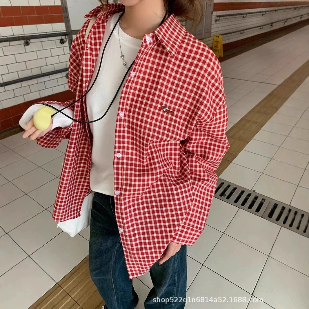 Ретро красная клетчатая рубашка с длинными рукавами женская весна и осень новый дизайн чувство нишевый шикарная вышивка солнцезащитные рубашки