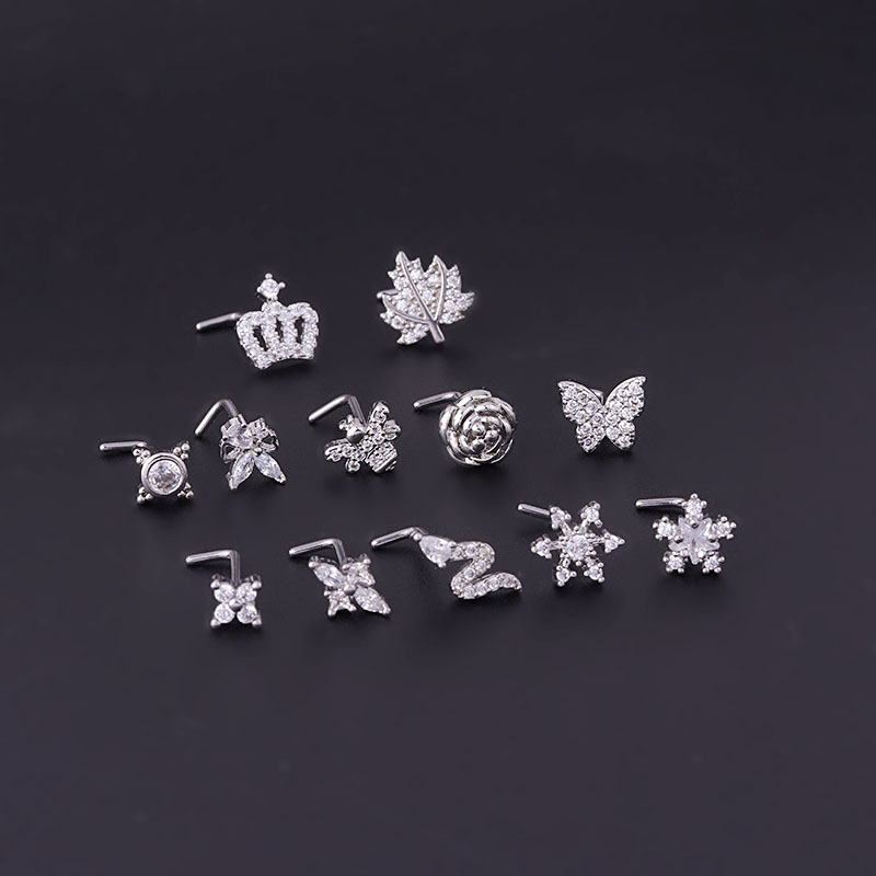 Titanium Steel Screw Rod Nose Stud Micro Inlaid Zircon Butterfly Crown Fashion Nose Studs