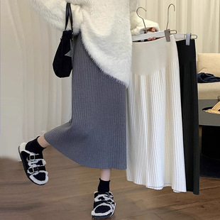Pregnant women's clothing autumn and winter New pregnant women's simple solid color skirt casual knitted one-step skirt midi skirt