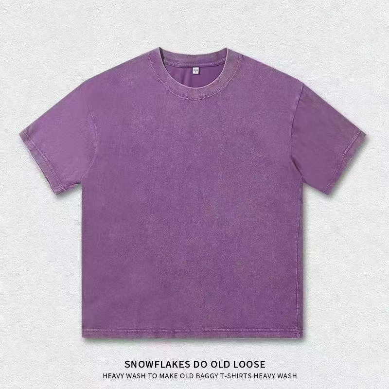 220g lavado y desgastado camiseta de cuello redondo para hombres y mujeres suelto americano retro salvaje de manga corta batik camisa de hombro caído