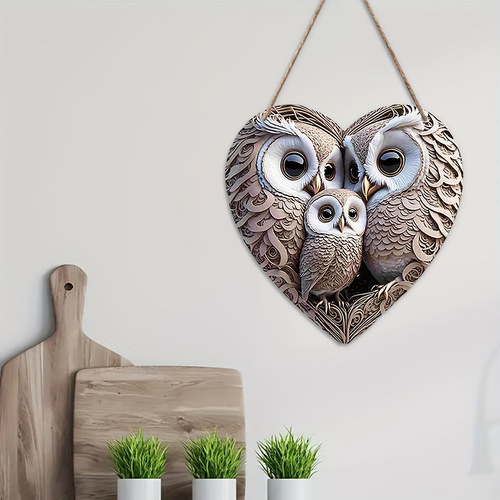 Vintage Creative Heart Shaped Three Owls Wooden Wall Hanging Decoration, Home Decor Door Nameplate