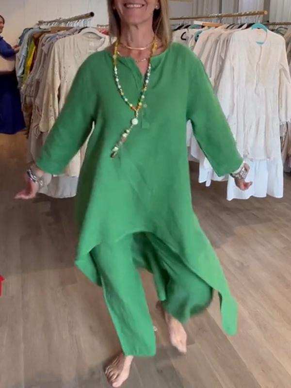Sommer Neues Produkt Schneller Verkauf Einfarbiges Lässiges Langarm-Set aus Baumwolle und Lazy Style für Damen_voghion.com