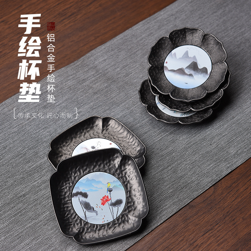 Taza pintada a mano boutique de aleación de aluminio de aluminio flor retrógrado taza porta-taza para el hogar tazas de té almohadilla aislante creativa kung fu accesorios de ceremonia del té