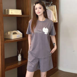带胸垫睡衣女款夏季纯棉短袖薄款2026新款韩版休闲运动家居服套装
