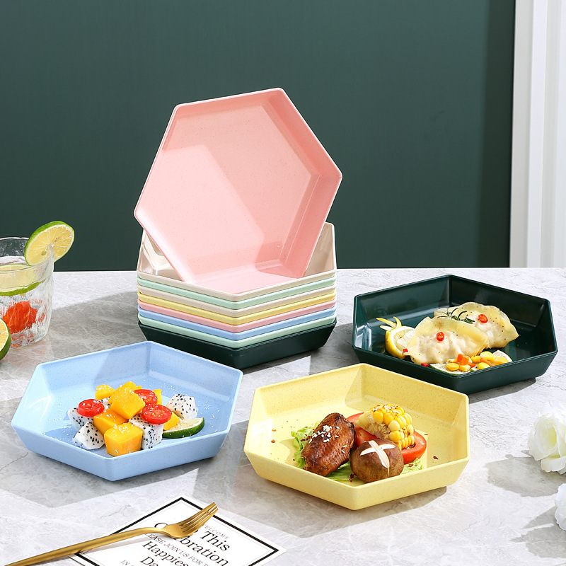 New Large Hexagonal Plate Household Dish Plate Creative Platter Set Plastic Plate 6-Corner Plate Colorfulful Fruit Plate