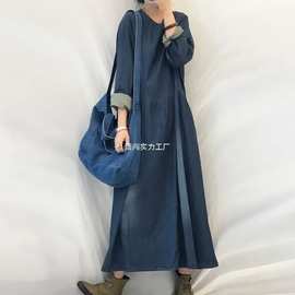 牛仔连衣裙女长袖2025新款胖春秋韩版宽松大码遮肉显瘦过膝长裙棉