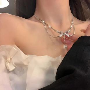 Bowknot Pearl Light Luxury Niche Necklace for Women Versatile High-End Clavicle Chain Fashion Choker Accessory Trending Jewelry