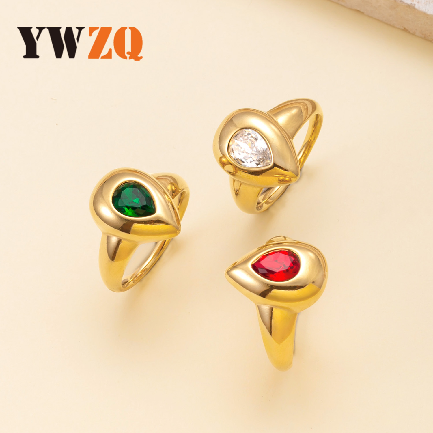 Cross-Border New Titanium Steel Ring Cast Drop-Shaped Diamond Ring High-End 18K Gold-Plated Stainless Steel Jewelry Factory