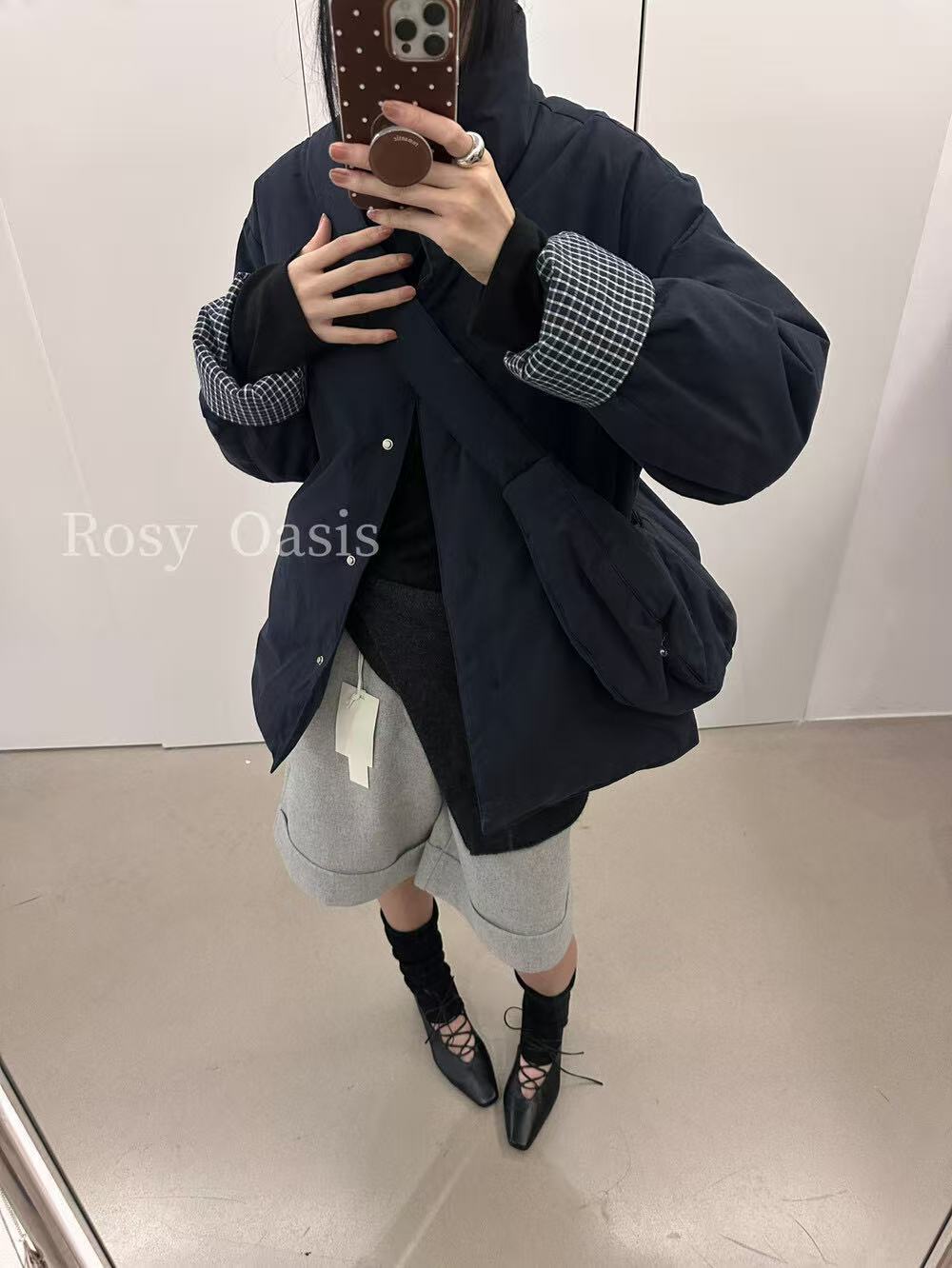 8285 체크 무늬 커프스 구스 다운 재킷 1개 무료 가방 1개 네이비 블루