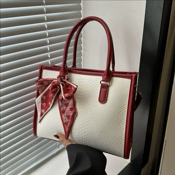 2026 Fashionable New Style Hand-Held Tote Bag with Large Capacity for Commuting, Simple Snakeskin Pattern Silk Scarf Decoration, Single Shoulder Crossbody Bag