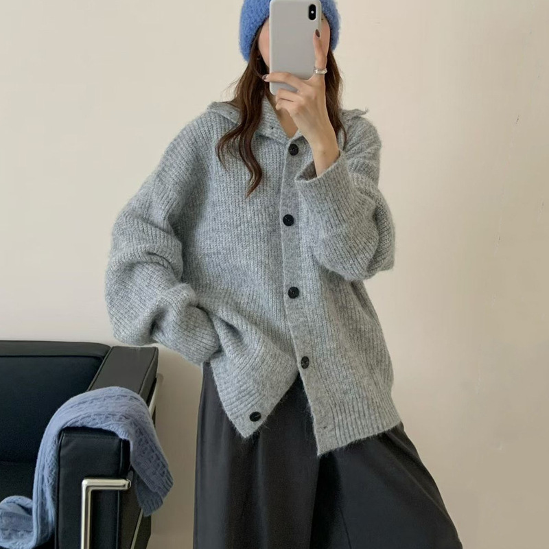 韩版简约纯色立领单排扣针织衫女2025秋冬新款百搭慵懒风毛衣外套|undefined