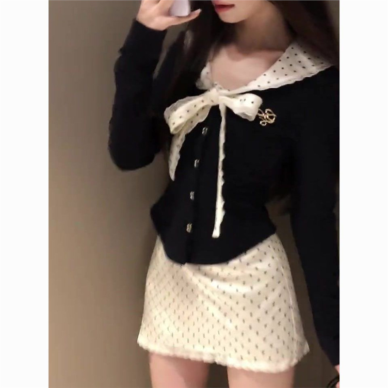 纯欲风娃娃领绑带t恤套装女秋冬高腰波点包臀半身裙修身长袖上衣|undefined