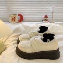 日系学院风魔术贴小皮鞋女2025春夏新款加绒保暖厚底大头乐福棉鞋