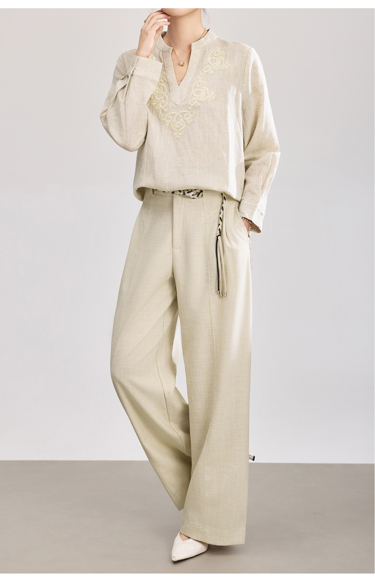 Quần culottes nữ ống rộng cạp cao kèm thắt lưng dệt bản to — màu đen chi tiết 12