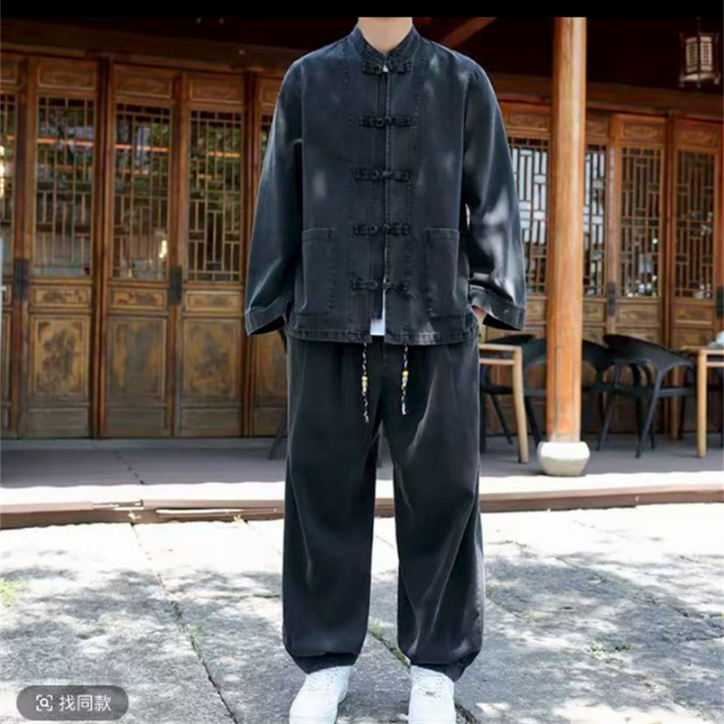 【中秋好礼】秋季新款中国风牛仔衬衫夹克套装休闲大码宽松长袖套|undefined