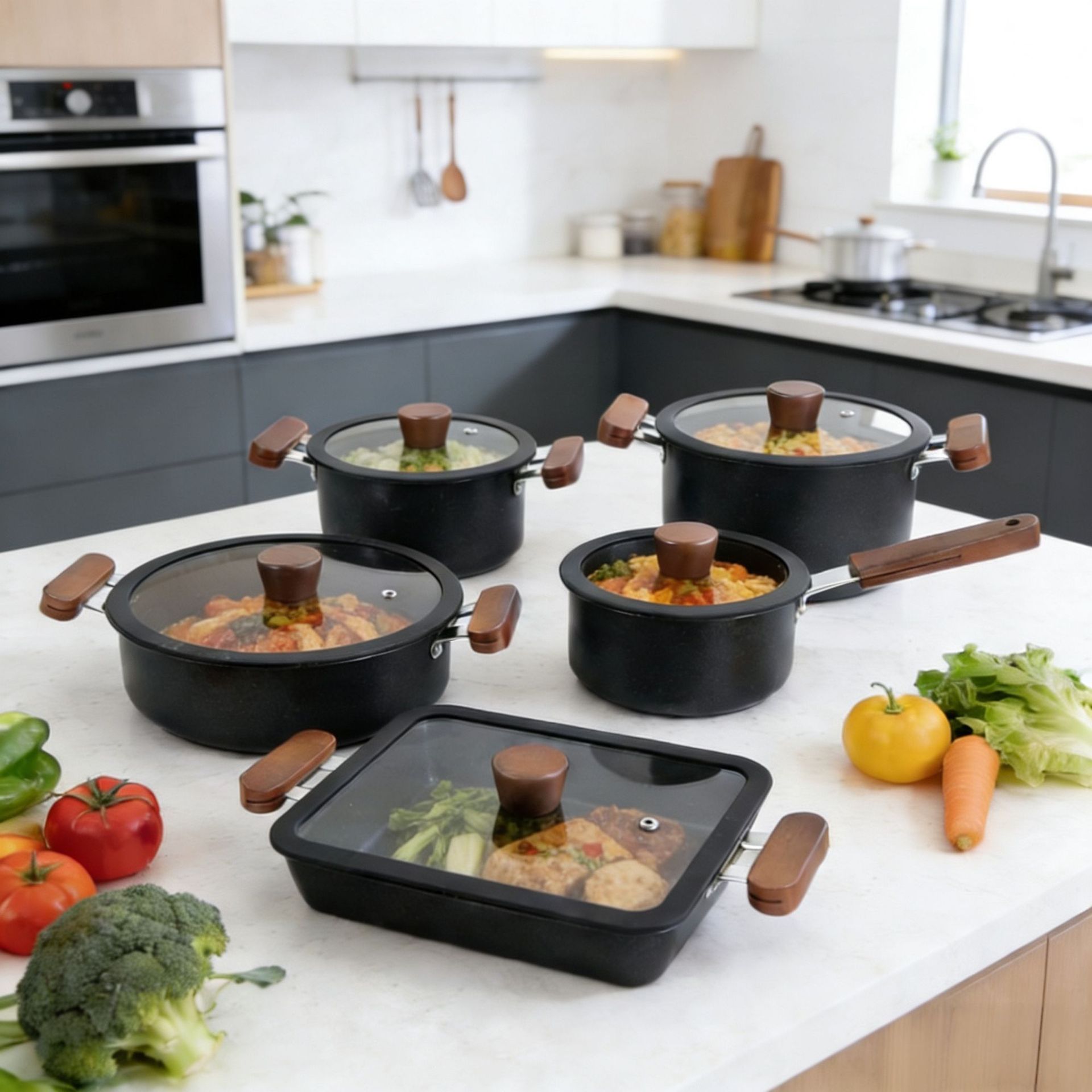 Kastrullset i rostfritt stål 10 delar non-stick grytor_voghion.com