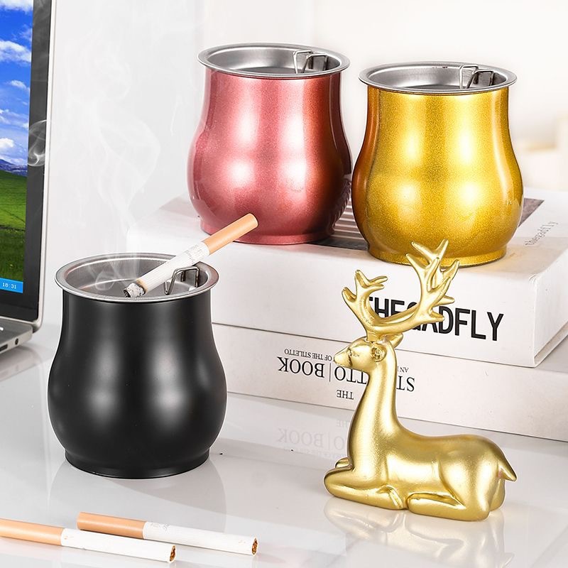 담배 버클 드럼 타입 스테인레스 스틸 홈 오피스 호텔 방풍 재떨이 선물 광고가있는 안티 플라이 애쉬 재떨이