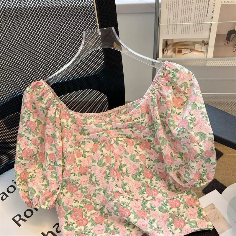 2025 新しいスタイルの新鮮で甘い V ネック花柄半袖レディースデザインニッチサマーバックリボントップ女性用|undefined