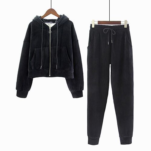 Gold velvet sweater suit for women's fashionable autumn and winter clothes, small man, slimming and thick velvet, sports and casual two-piece set, trendy