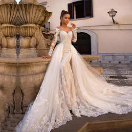 欧美拖尾婚纱晚礼服婚纱夏亚马逊一字肩连衣裙露背性感婚纱礼服
