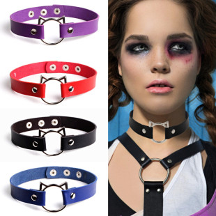 European and American Punk Trendy Cute Cat Head Pu Leather Collar Japanese and Korean Soft Girl Fashion Street Style Neck Clavicle Chain Jewelry