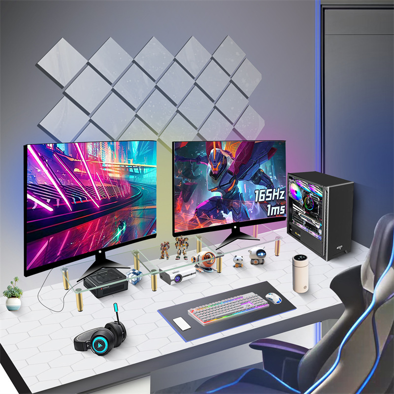 Desk Monitor Elevated Stand Three-In-One Dual-Screen Computer Stand Tempered Glass Adjustable Storage Rack Desk Monitor Elevated Stand Three-In-One Dual-Screen Computer Stand Tempered Glass Adjustable Storage Rack