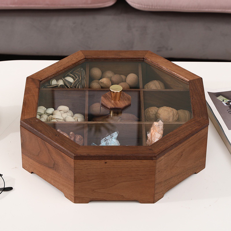 Caja de fruta seca de madera maciza de nogal negro con tapa plato de fruta seca nuevo estilo chino Luz de lujo creativo boda exquisita caja de regalo de almacenamiento