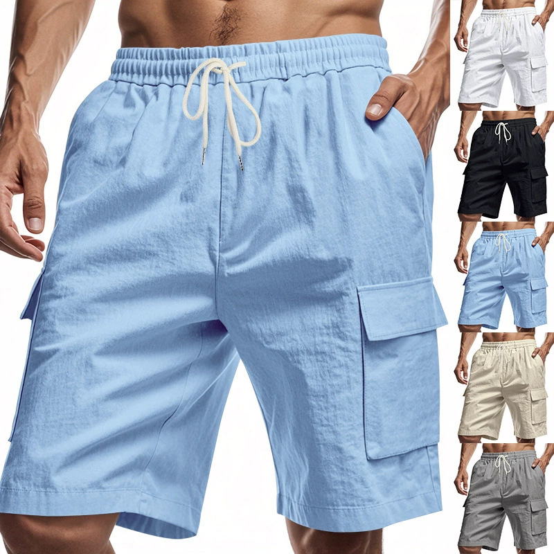 2025 Cross-Border Amazon Summer Men's Lightweight Breathable Linen Loose Workwear Multi-Pocket Casual New Shorts