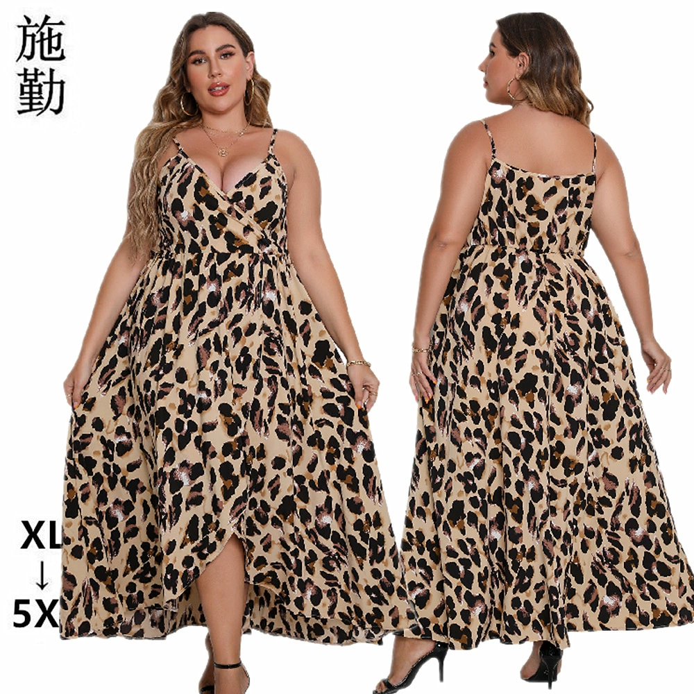 Европейский и американский трансграничный экспорт больших размеров, женское летнее новое сексуальное платье с v-образным вырезом на подтяжках и леопардовым принтом SQ0222
