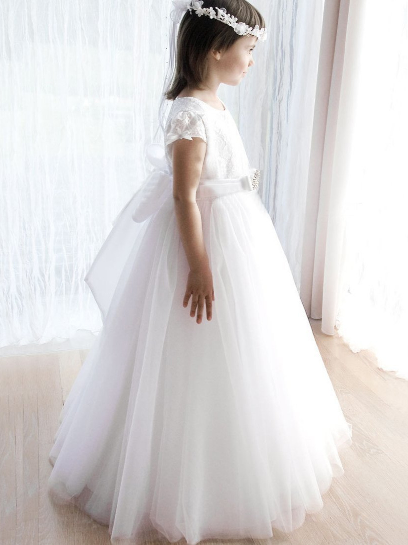 Comercio exterior transfronterizo europeo y americano vestido infantil de mangas cortas de encaje vestido de novia princesa de cumpleaños niña vestido largo