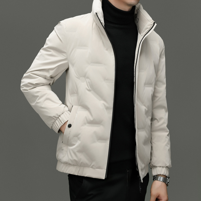 男士秋冬新款时尚休闲御寒百搭压花立领夹克羽绒服外套潮男
