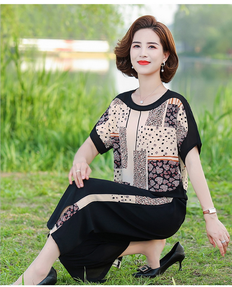 2023 Summer new short sleeve middle-aged and elderly suit female mother's wear plus size high waist cropped wide leg pants two-piece suit fashion