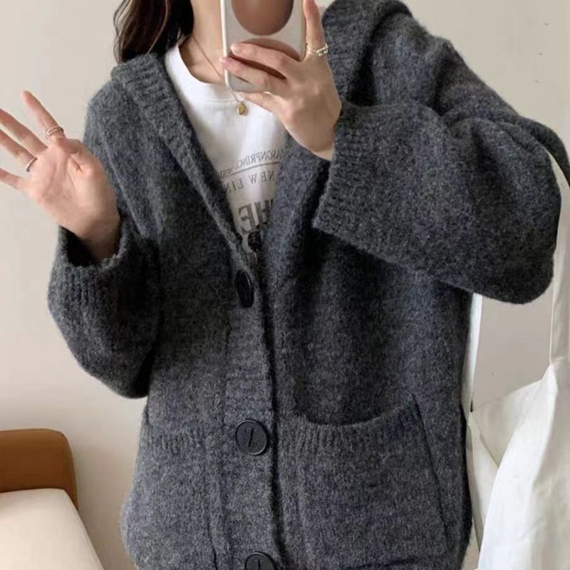 韩系慵懒风连帽外搭毛衣外套女2025秋冬新款宽松软糯羊驼针织开衫|undefined