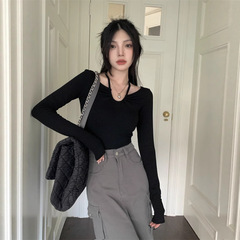 纯欲v领长袖T恤女春秋冬季打底衫设计感修身短款挂脖上衣女批发