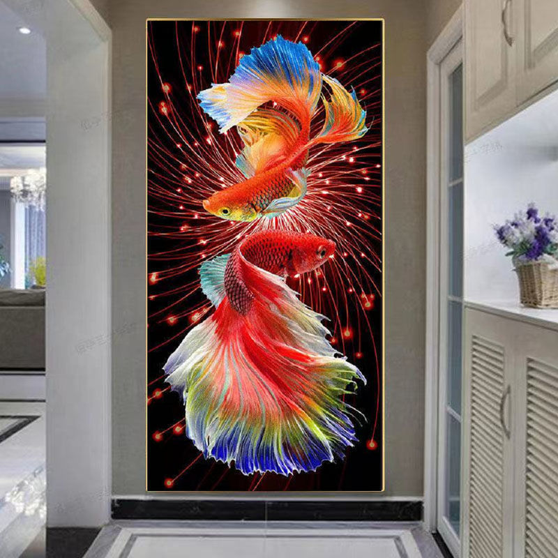 Punto de Cruz Real de la Mona Lisa, Doble Koi Rojo Fuego, Colección Popular para Sala de Estar, Pintura Decorativa de Estilo Chino, Versión Vertical, Bordado Hecho a Mano