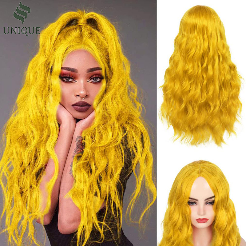 Cross-border hot-selling ginger yellow Women's wig long curly hair high temperature silk chemical fiber wig head cover factory one-piece delivery
