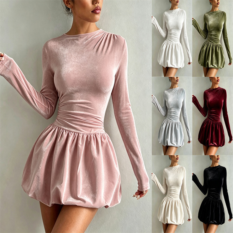 2026 Autumn New Cross-Border Amazon Foreign Trade European and American Style Slim-Fit Long-Sleeve Dress Stretchy Puffy Skirt for Women 2026 Autumn New Cross-Border Amazon Foreign Trade European and American Style Slim-Fit Long-Sleeve Dress Stretchy Puffy Skirt for Women