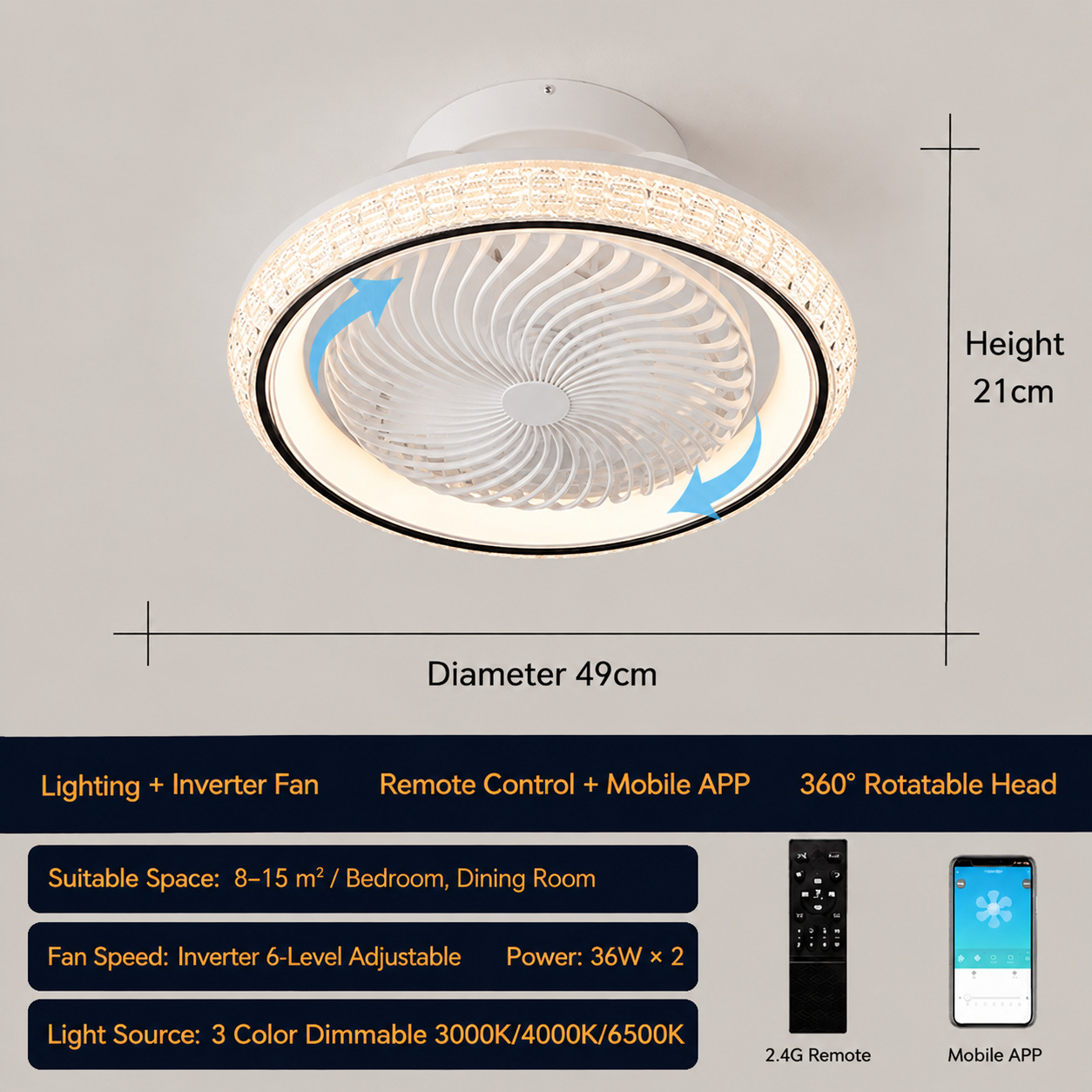 Lámpara Ventilador de Techo 110V de PC y ABS Inteligente con Control Remoto y APP para Dormitorio y Comedor