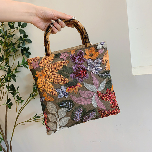 Elegant Bamboo-Node Handbag with Colorful Sparkling Beads, Retro Women's Shoulder Bag, Heavy Work Embroidery Trendy Evening Purse