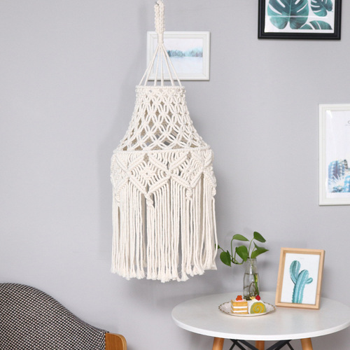 Cross-border bohemian woven lampshade, long tassel retro decorative lamp frame, bedroom modern simple cotton rope chandelier