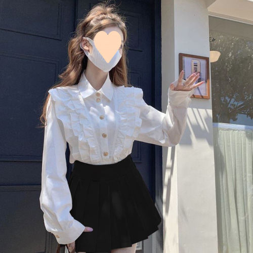 White shirt women's spring and autumn design sense niche French-style gentle ruffled long-sleeved top