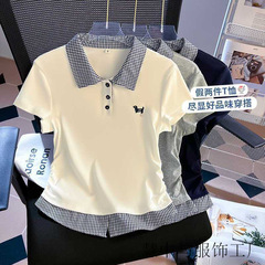 格纹拼接polo领短袖T恤女2025夏季修身显瘦遮肉辣妹上衣女ins直销