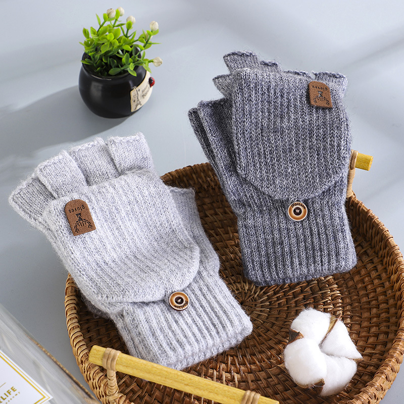 Gloves Winter female Korean flip half finger cold warm students writing knitting solid color couple wool gloves male